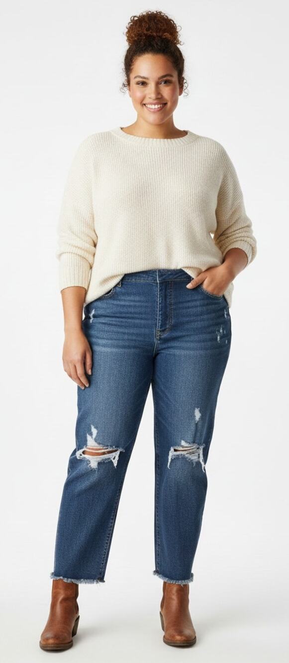 Old Navy Women 22W Mid Wash Distressed Slouchy Straight High Rise Denim Jeans